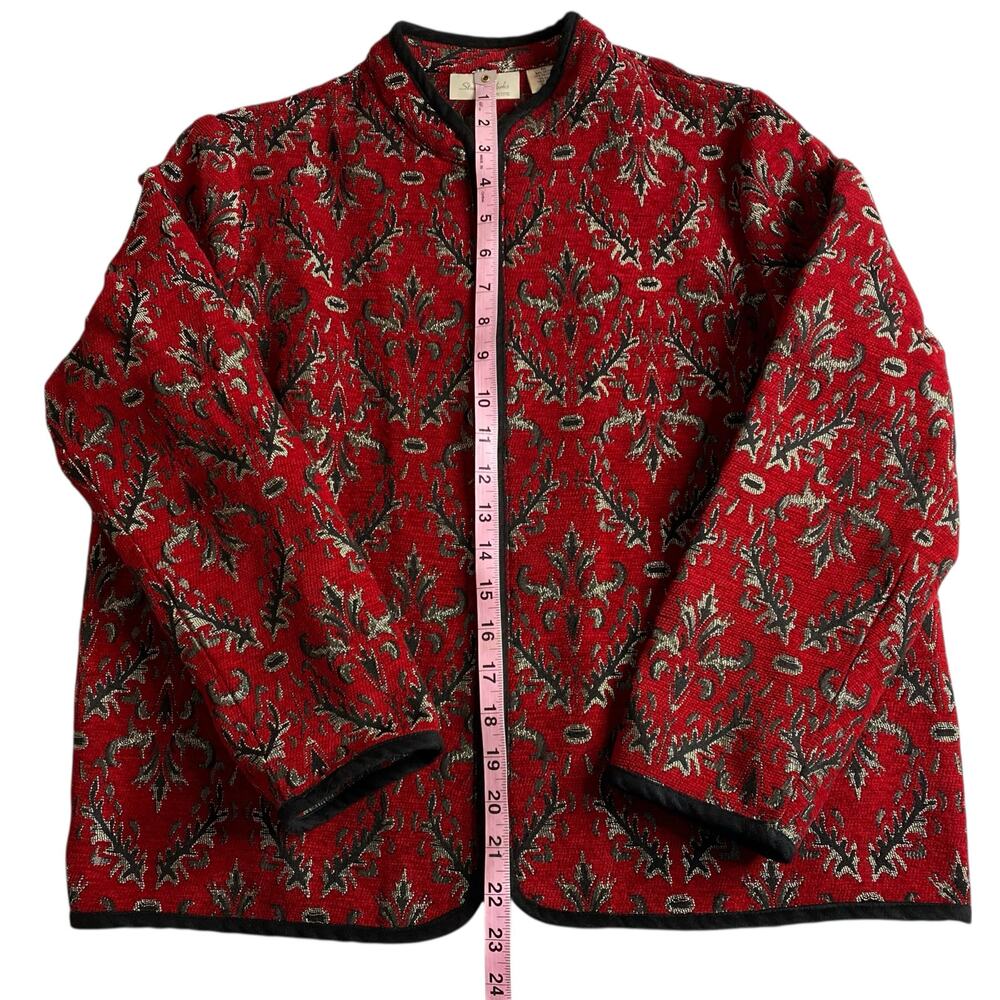 Studio Works Jacket Full Zip Red Silver Damask Tapestry Medium Petite Regal Boho - Picture 14 of 14